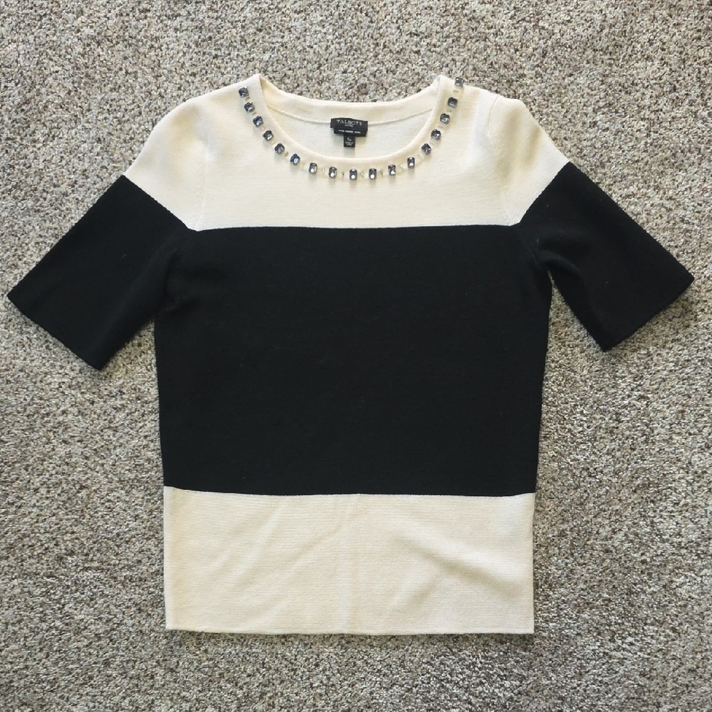 Talbots Cream Sweater with Embellished Neckline